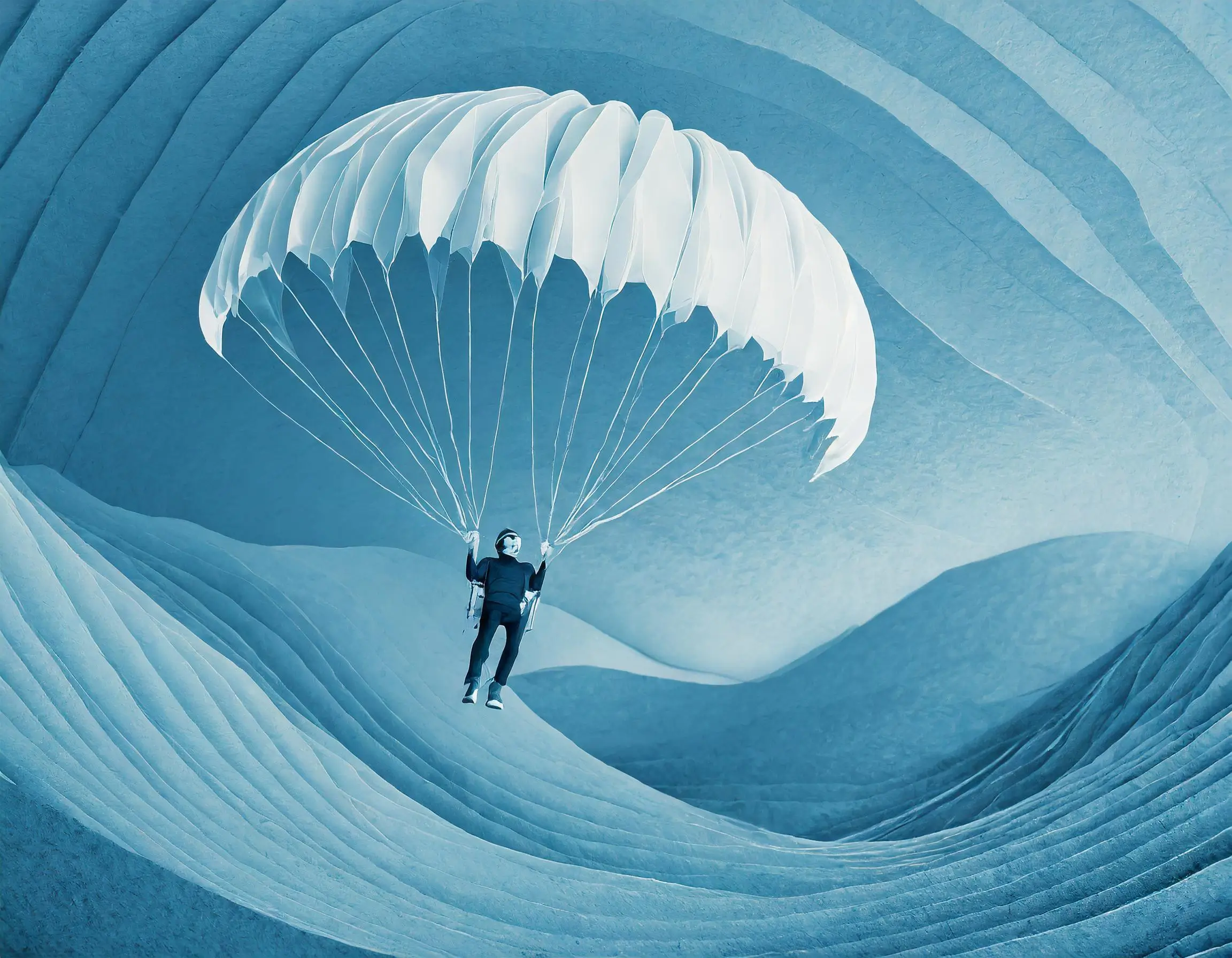 A picture of a man sailing over a dune in a parachute