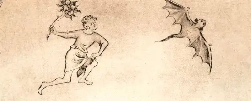 A drawing of a man chasing a bat.