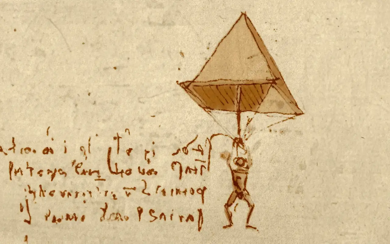 A drawing of a man holding a parachute.