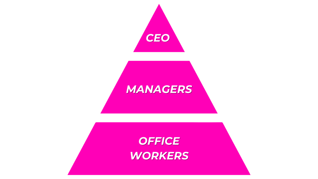 A pyramid chart presenting the typical organization structure of most companies.