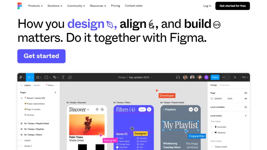 The homepage of Figma showcasing the design, prototype, and collaborative tools available.