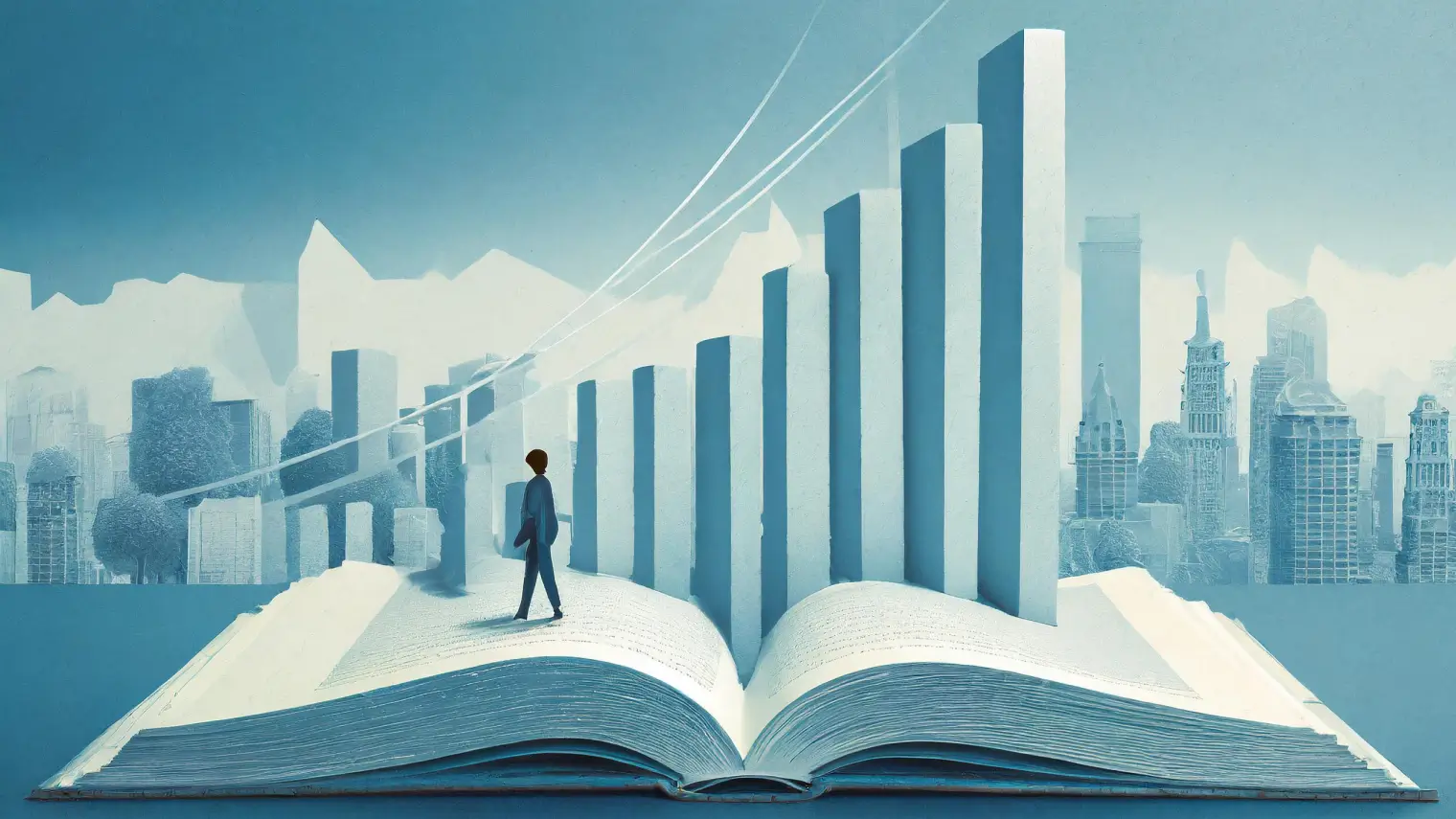 A conceptual image of a person looking at a 3D bar chart cityscape rising from an open book.