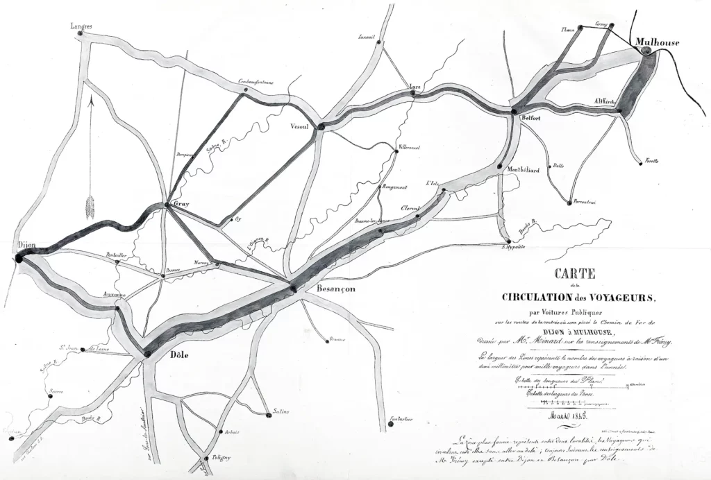 An infographic from 1845 presenting the traffic on the roads between Dijon and Mullhouse.