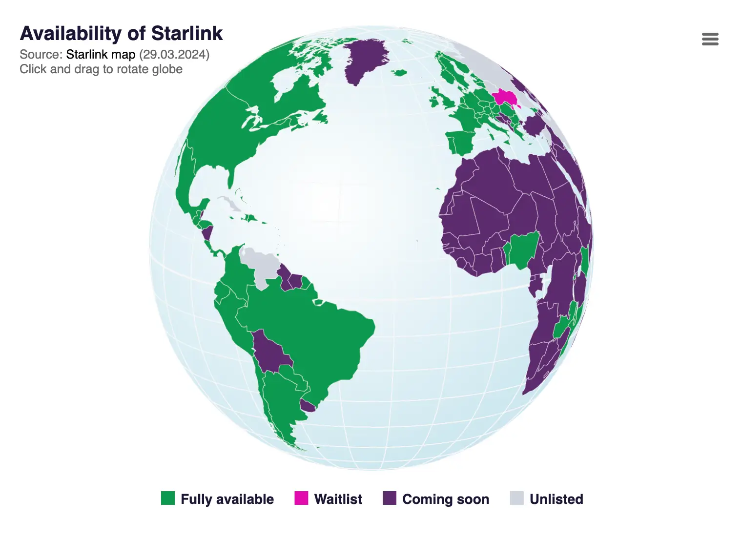 A map showing where the starlink is fully available and where it’s coming soon.