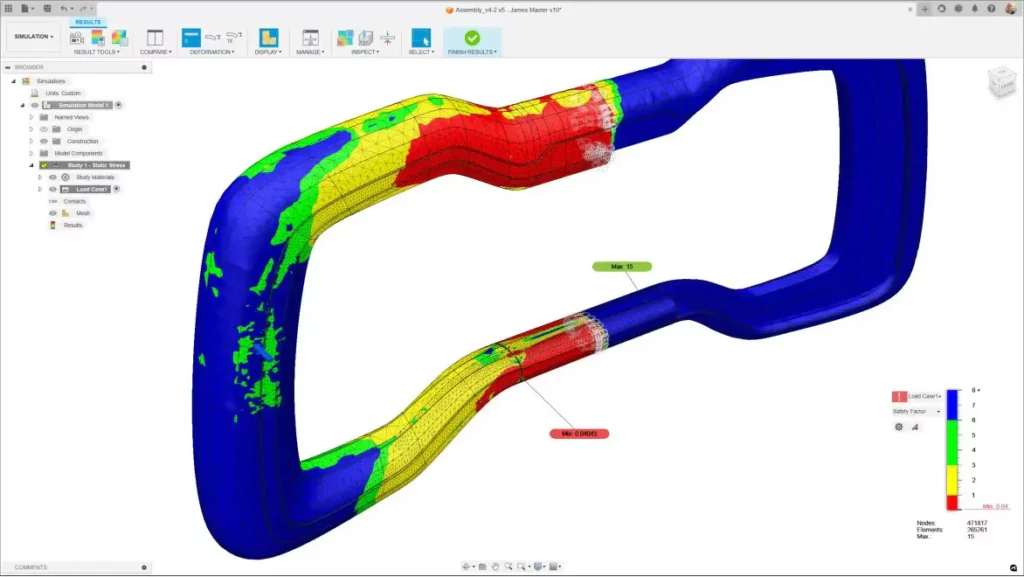 A screenshot of the Autodesk software for finite element analysis - analyzing stress, vibration, thermal metrics.