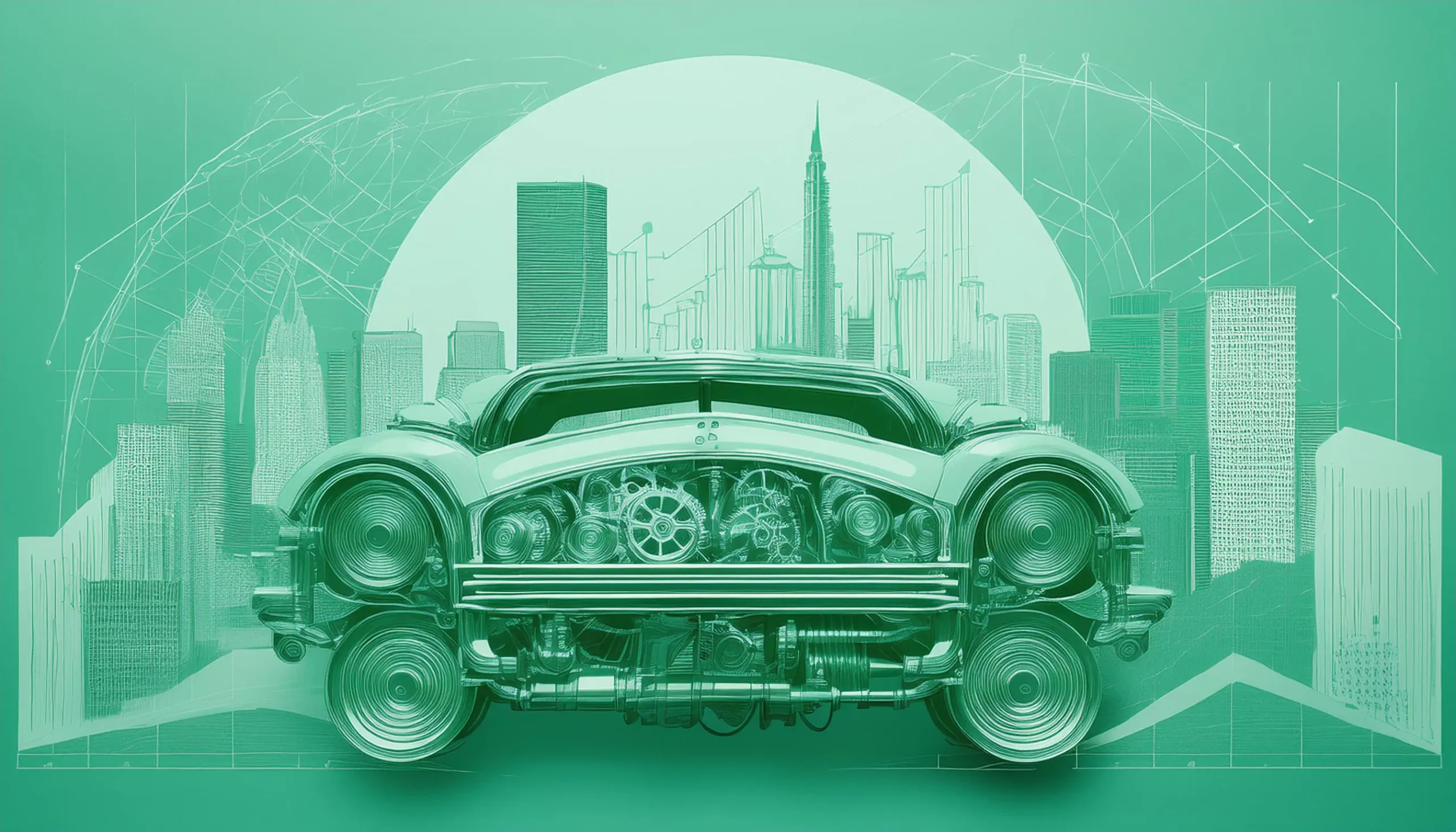 An AI image of a classic car with gears under the hood and a dataviz city in the background.