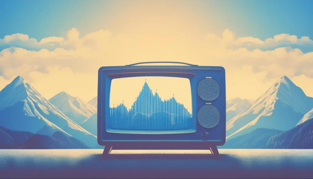 A TV showing a mountain chart. There are mountains in the background.