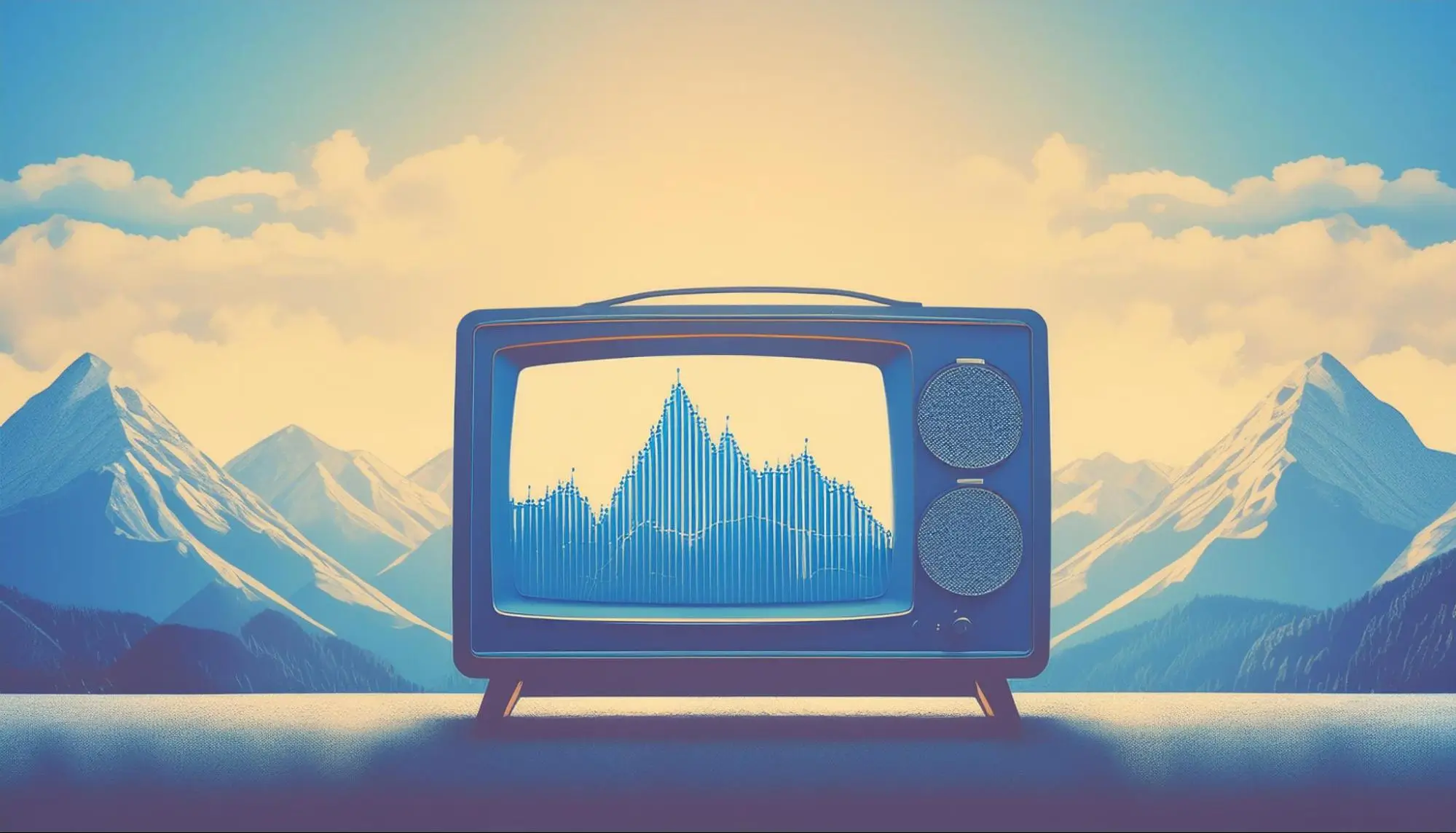 A TV showing a mountain chart. There are mountains in the background.