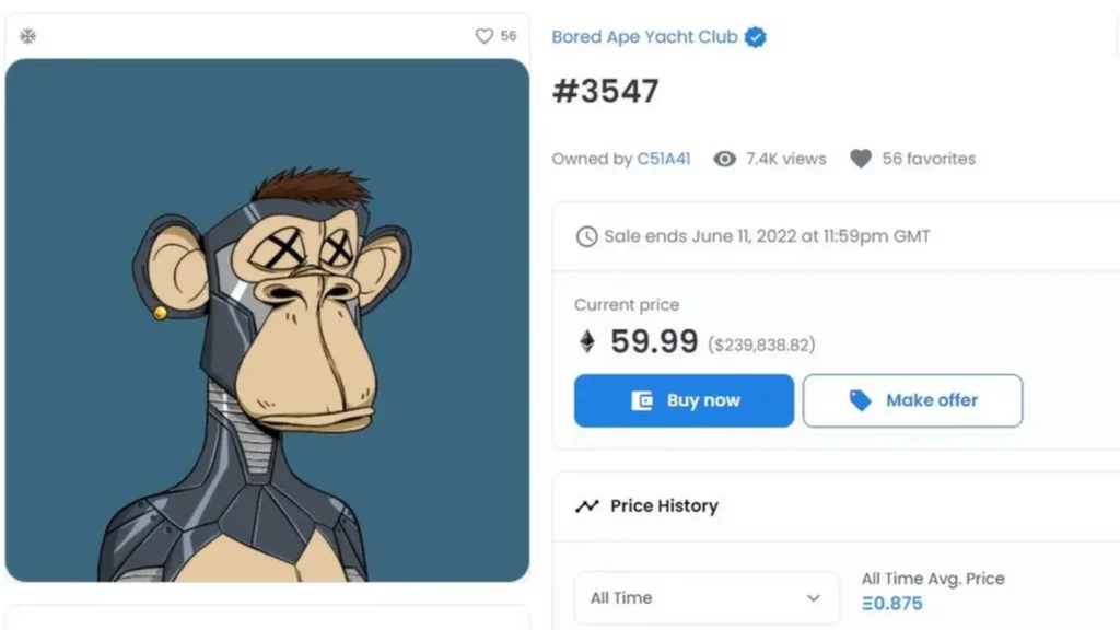 Bored Ape Yacht Club monkey NFT selling for 59.99 Ethereum.