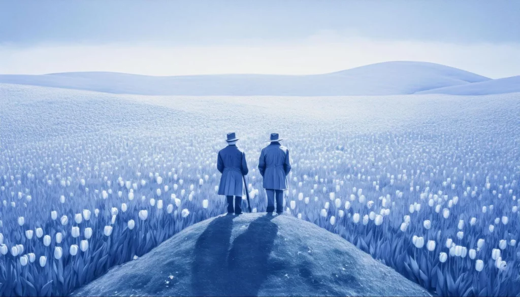 Two elegant men standing in front of a tulip field.