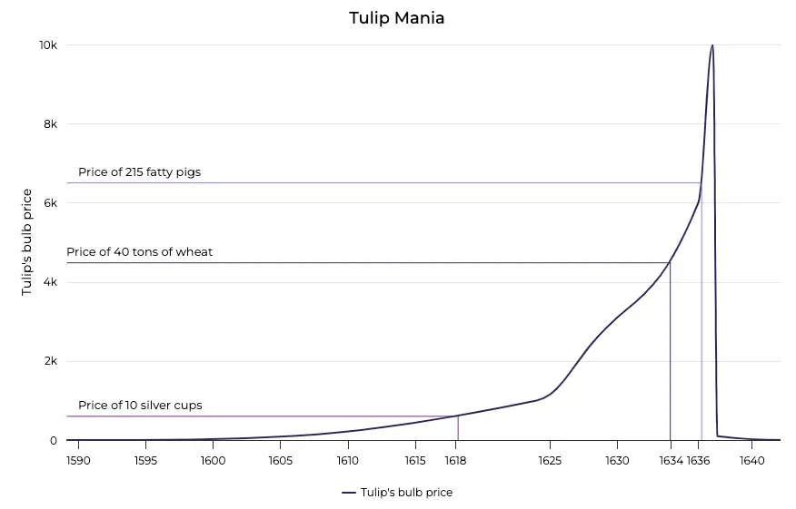 Line chart showing the rise in tulip prices over the years, with points showing equivalence to silver cups and fatty pigs.