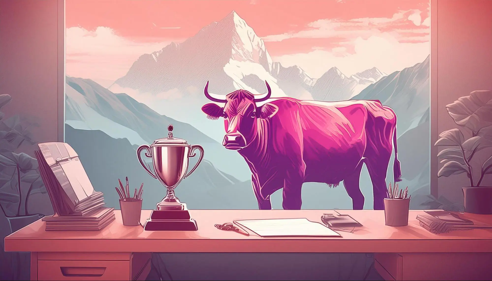 An image of a cow looking into an office with a cluttered desk that has a trophy on it.