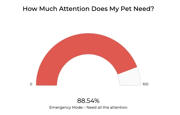 A gauge chart showing how much attention a pet needs, with ranges for low, moderate, and high.