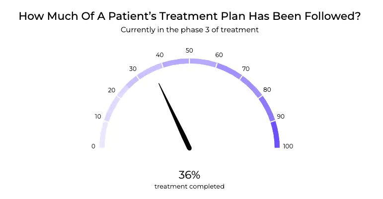 A gauge chart showing the percentage of a patient's treatment followed, with purplish colors going from white to dark purple.