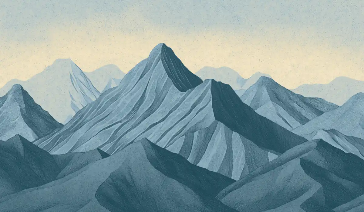 Abstract illustration of a serene blue mountain range with a light beige sky.