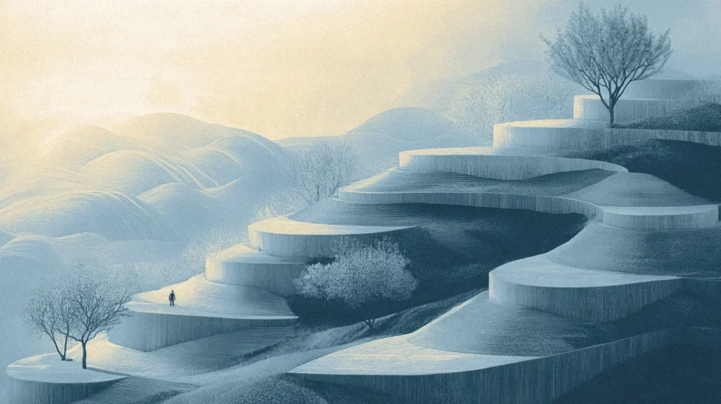 An abstract, serene landscape in muted blue and beige tones depicts terraced hills and solitary figures under a hazy sky.