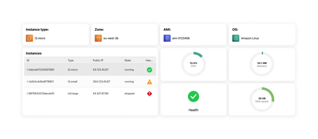 Dashboard showing cloud instance health, CPU, memory, and disk space utilization.