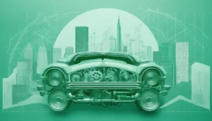 An AI image of a classic car with gears under the hood and a dataviz city in the background.