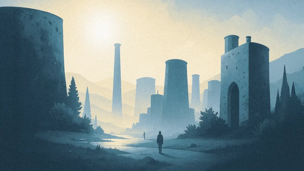 Misty, blue-toned landscape with towering industrial structures and two small figures, evoking the Industrial Revolution era.