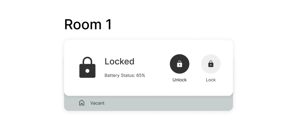 User interface for a smart home door lock showing locked status and battery percentage.