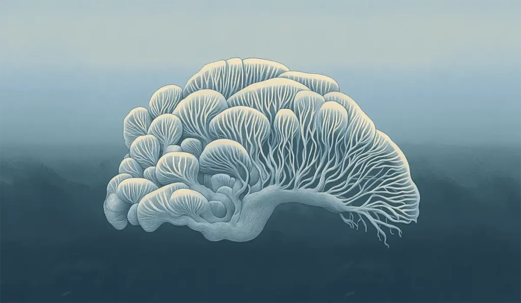 A unique artistic illustration resembling white, brain-like coral against a blue background.