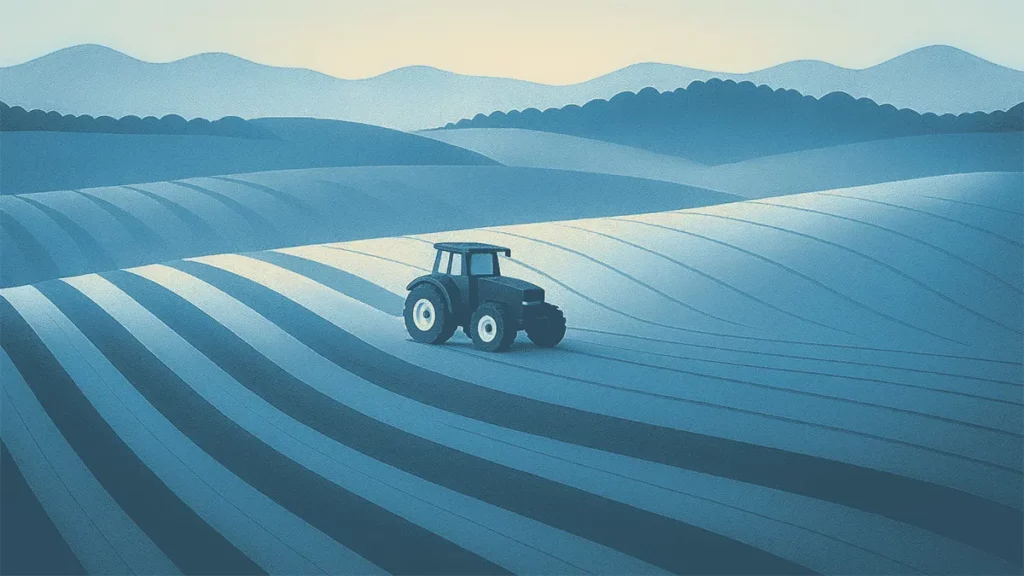 An illustrative depiction of a tractor working in a vast, blue-hued agtech field.