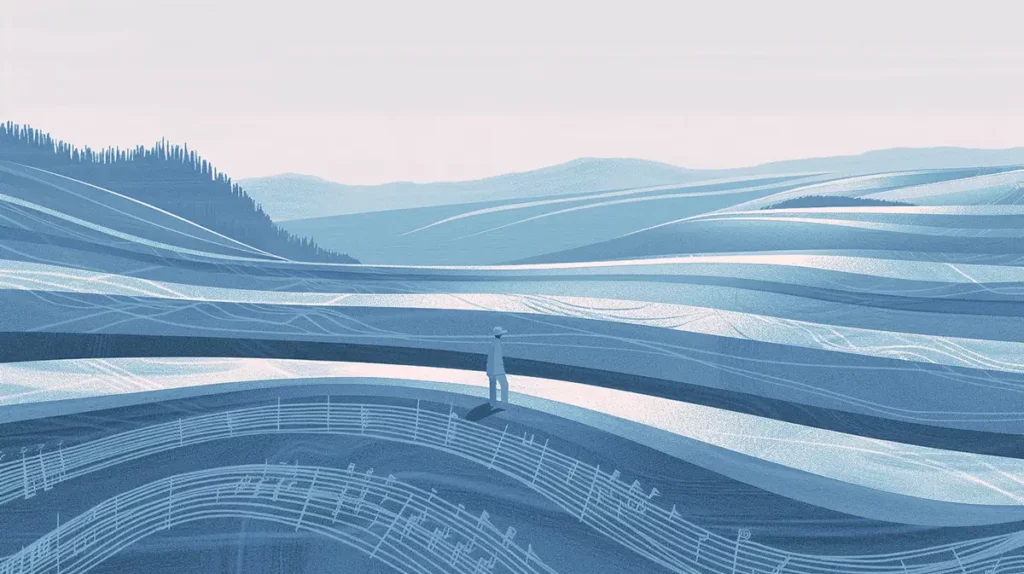 Illustration of a man standing on abstract, blue, wave-like musical scores, representing the concept of what is a dashboard.