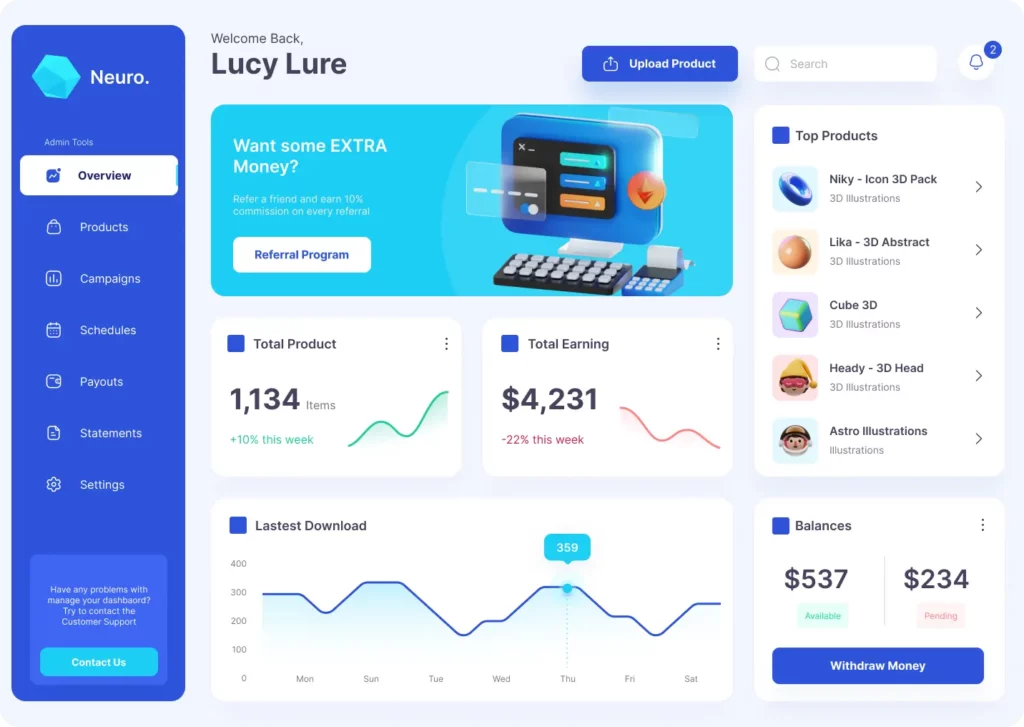 A modern admin dashboard for product and earning management, featuring statistics and a referral program.
