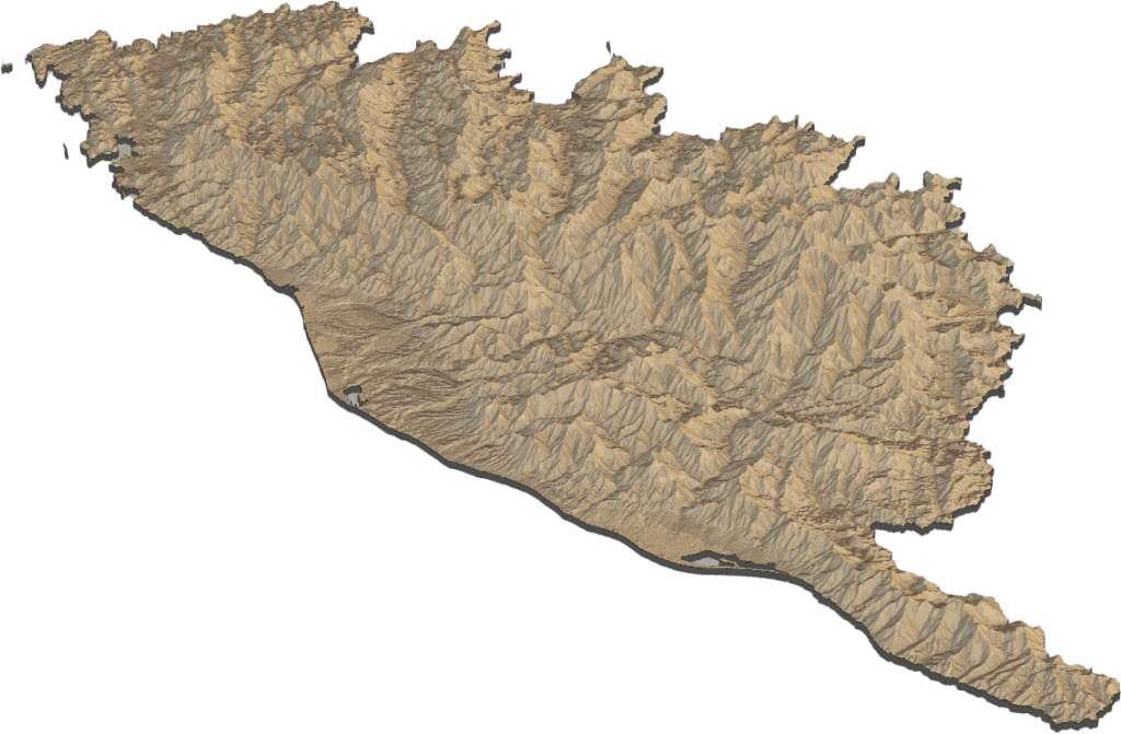 A detailed 3D topographical map of a landmass, demonstrating a strong application of 3D charts.
