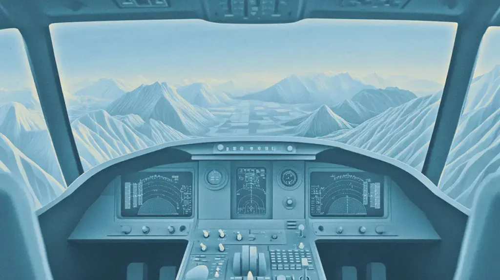 Airplane cockpit view with a vast mountain landscape.