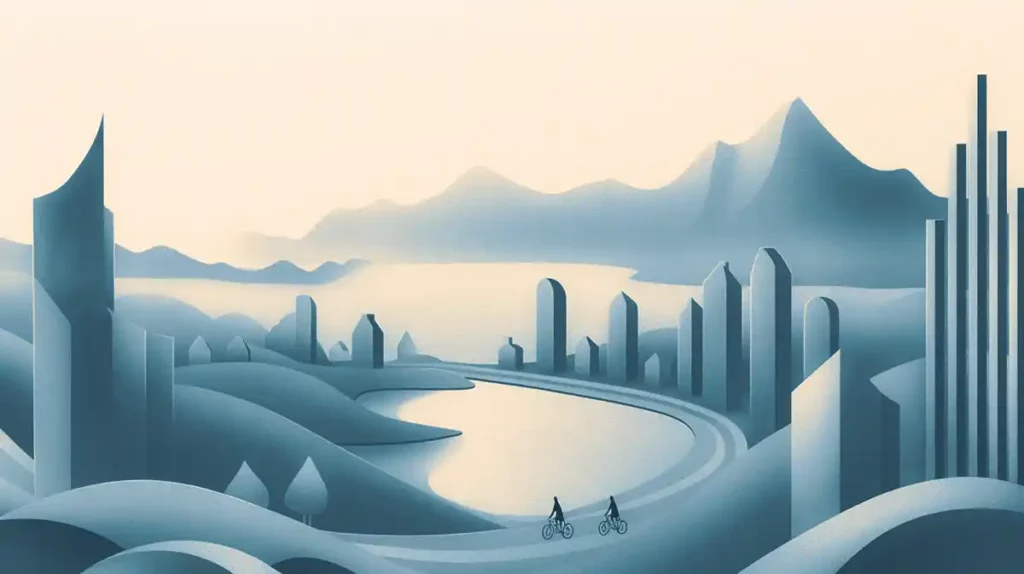 An artistic depiction of a futuristic smart city with sleek buildings, a serene river, and bicyclists on a dedicated path.