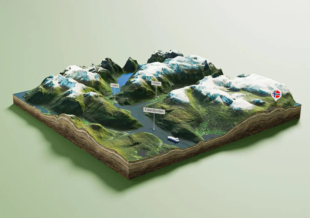 A 3D topographical map of a Norwegian fjord, showcasing effective use of 3D charts for terrain data.