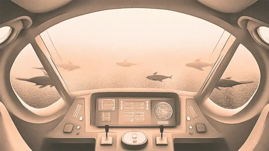 A futuristic underwater submersible interior view with marine life.