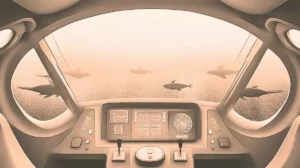 A futuristic underwater submersible interior view with marine life.