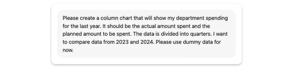 Screenshot of a text prompt requesting a column chart for department spendings.
