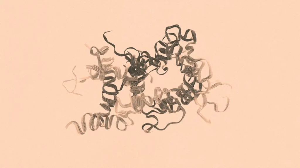 A computer visualization of a complex protein structure, referring to the analytical power of the Deepflare platform.