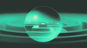 A conceptual image of computer vision, showing a crystal ball magnifying a complex maze, symbolizing problem-solving and finding clear paths.