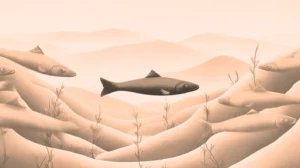 Stylized illustration of fish silhouettes swimming over sandy dunes on a sepia-toned underwater background.