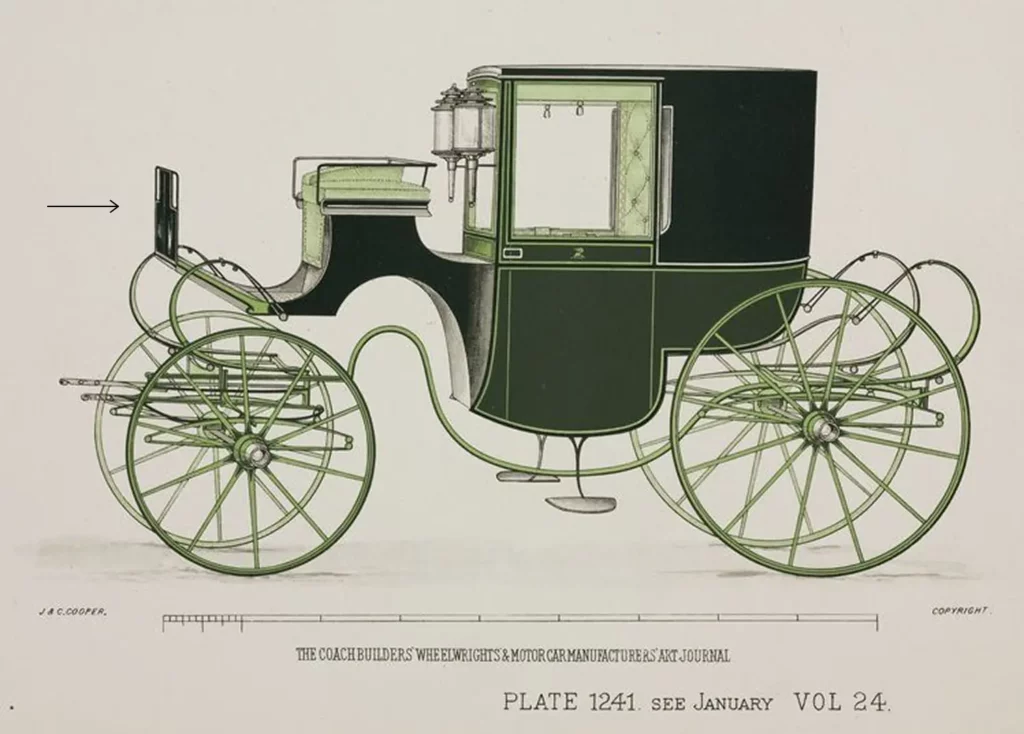 Detailed side view illustration of an antique horse-drawn carriage from a coach builder's art journal, representing dashboard history.
