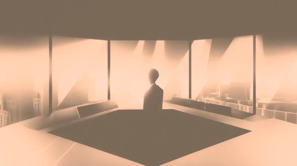 A visionary leader silhouette standing in a modern glass office overlooking a foggy city skyline at sunset.