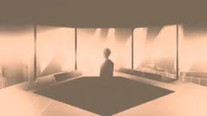A visionary leader silhouette standing in a modern glass office overlooking a foggy city skyline at sunset.