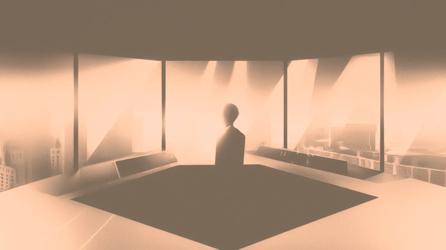 A visionary leader silhouette standing in a modern glass office overlooking a foggy city skyline at sunset.