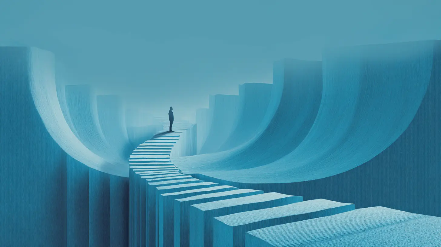 An abstract visualization of a winding data path featuring a man standing in the center.