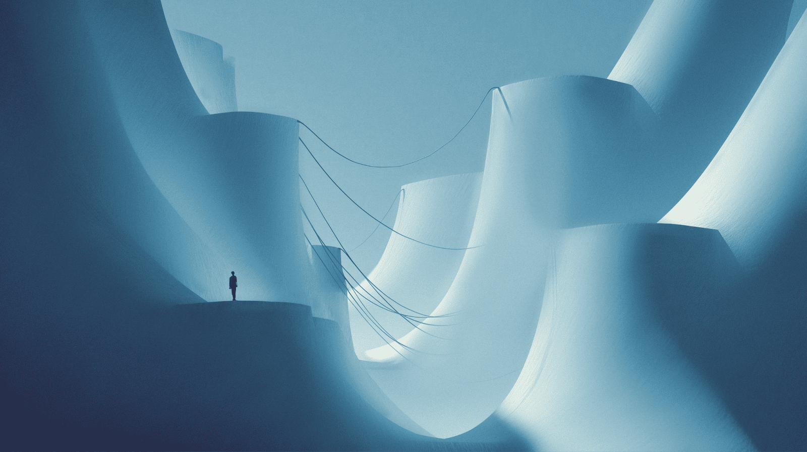 Abstract minimalist scene in shades of blue showing smooth, curved surfaces connected by thin lines, with a small human figure standing on one platform — a visual metaphor for comparing changes and relationships between points over time, similar to a slope chart.