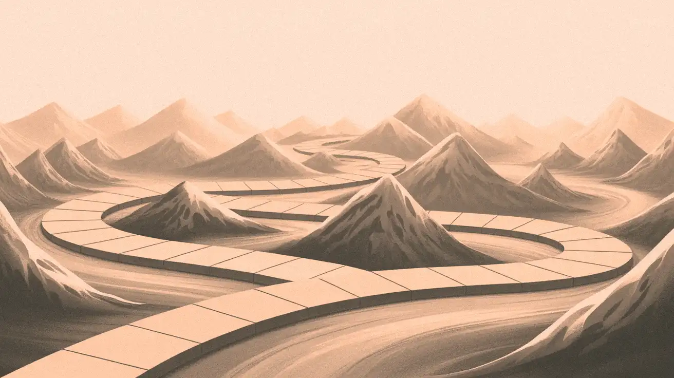Stylized illustration of a long, winding path through mountains, symbolizing the strategic journey of using trading analytics.